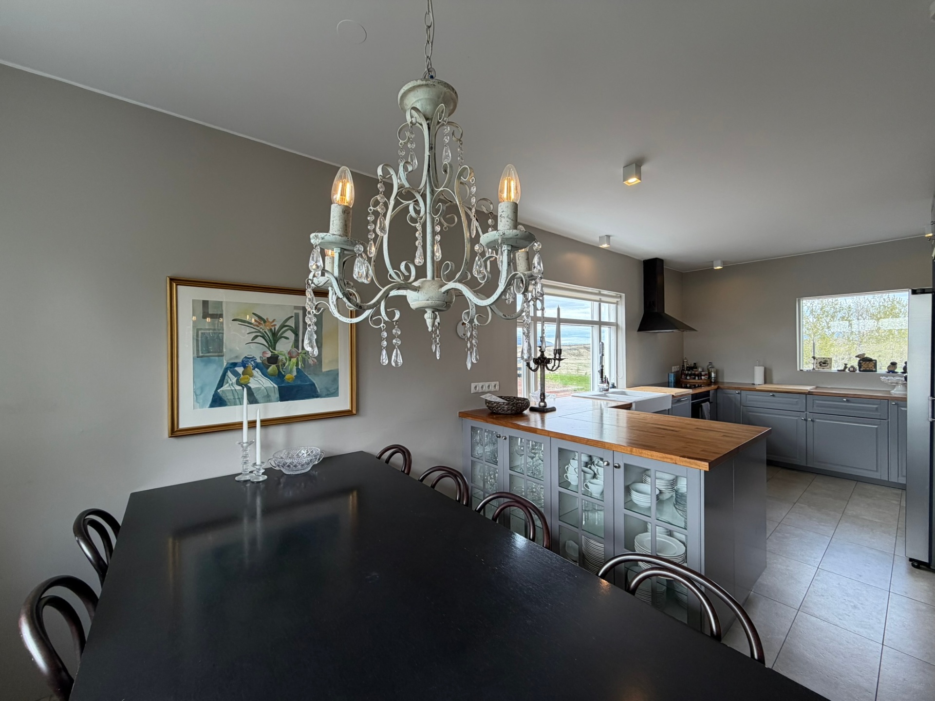 Crystal chandelier above the dining table